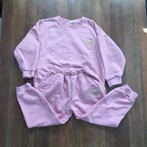 Smitn Bebe pink with teddy bear head crew neck sweatshirt and sweatpants set